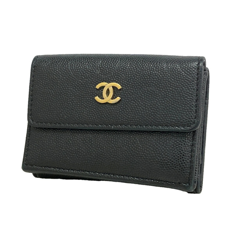 Chanel Tri-fold Wallet, Camellia Design, Caviar Leather, Black/Champagne, Wom...